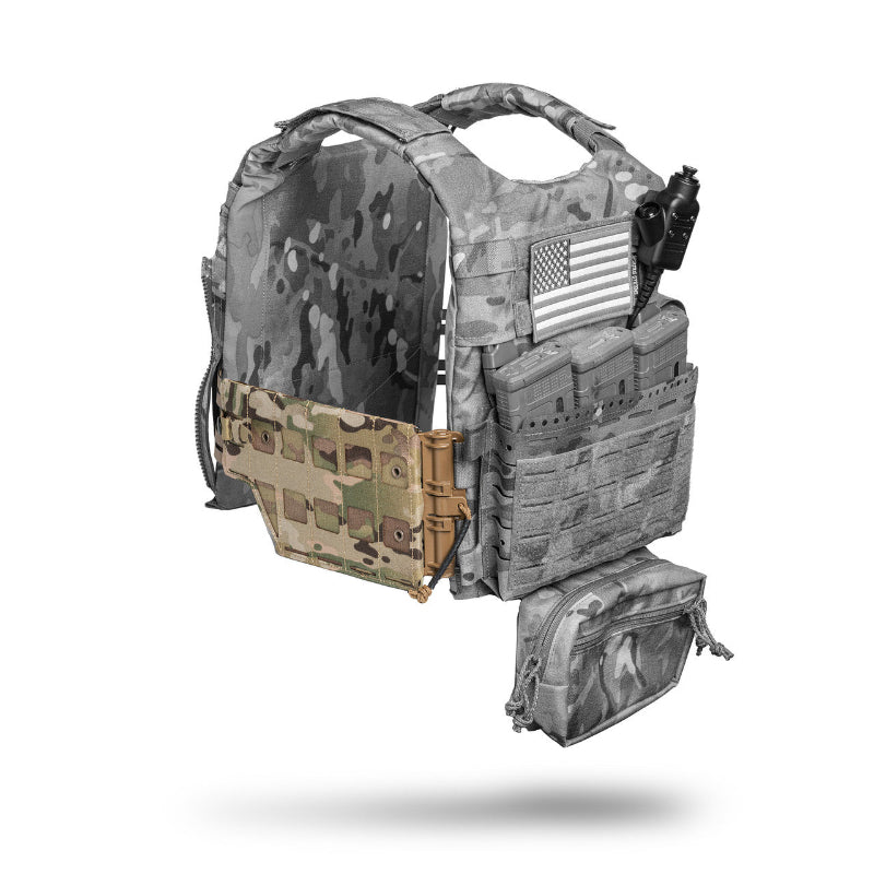 Multicam tactical vest with American flag patch on a white background