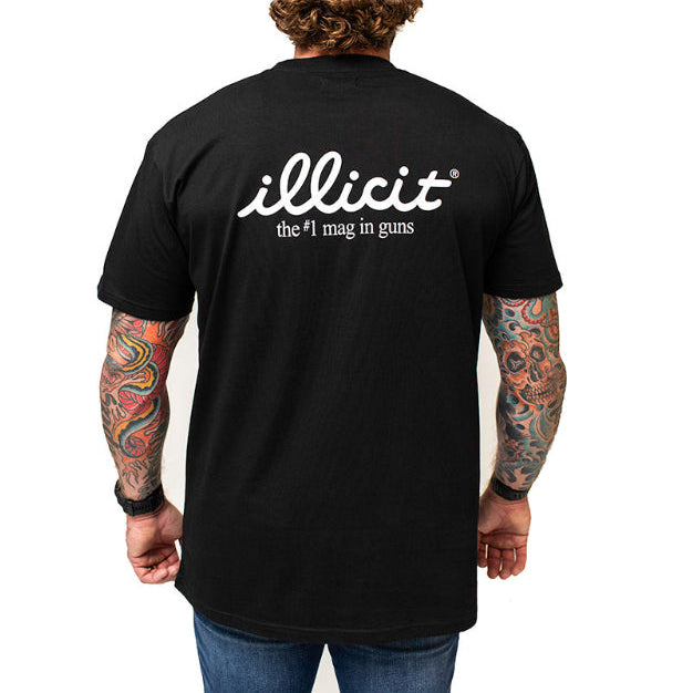 Person wearing a black t-shirt with 'illicit' logo and text on the back, standing against a white background.