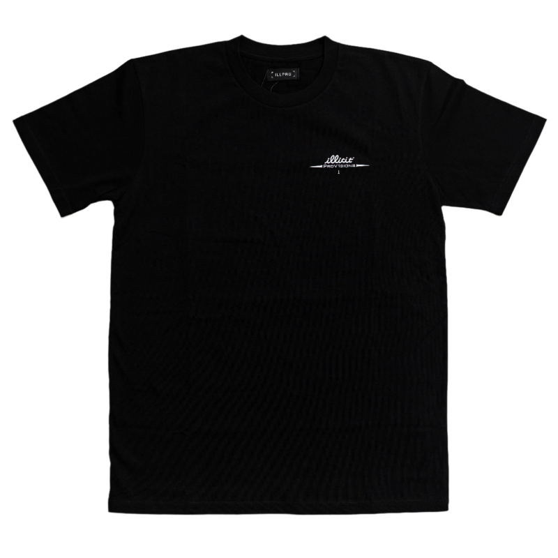Black t-shirt with a white logo on left chest on a white background