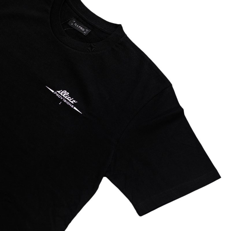 Black t-shirt with a white logo on left chest on a white background
