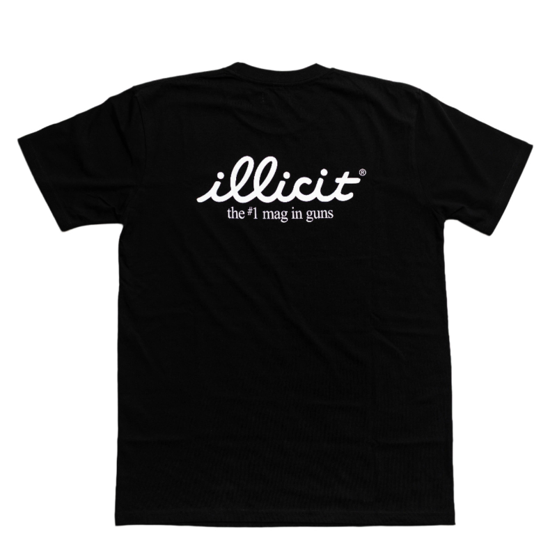 Black t-shirt with 'illicit' logo and text on a white background
