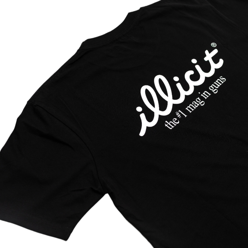 Black t-shirt with white text 'illicit' on a white background