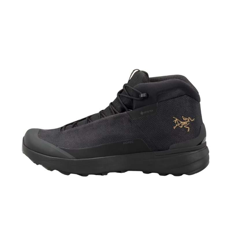 Black hiking boot with Arc'teryx Dead Bird brand logo on a white background