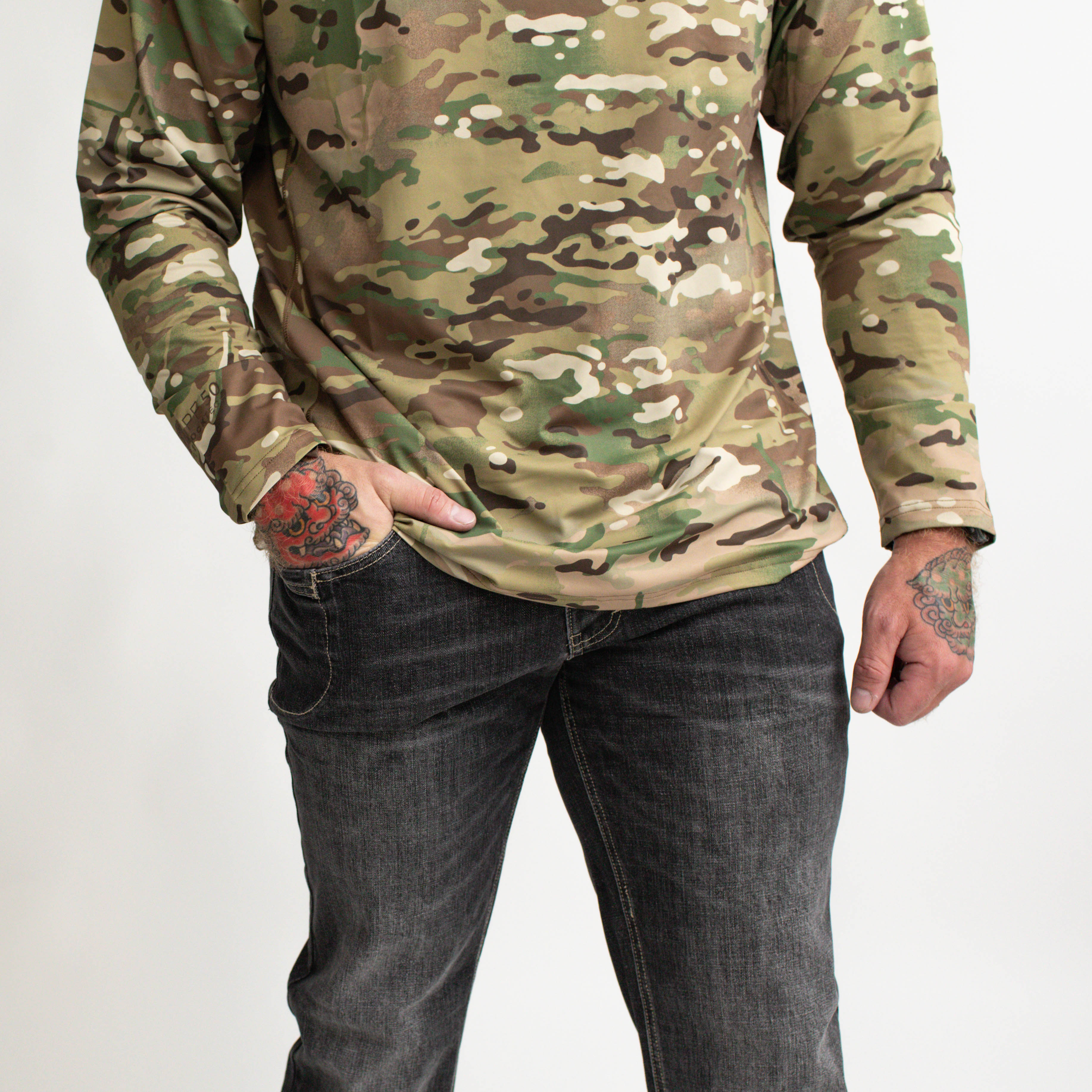 On body view of the TD McQuade Tactical Jeans showing the stretch tactical denim fit, concealed carry friendly design, discreet EDC pocket layout, and low profile everyday wear appearance for users searching for the best tactical jeans, CCW pants, and everyday carry denim.