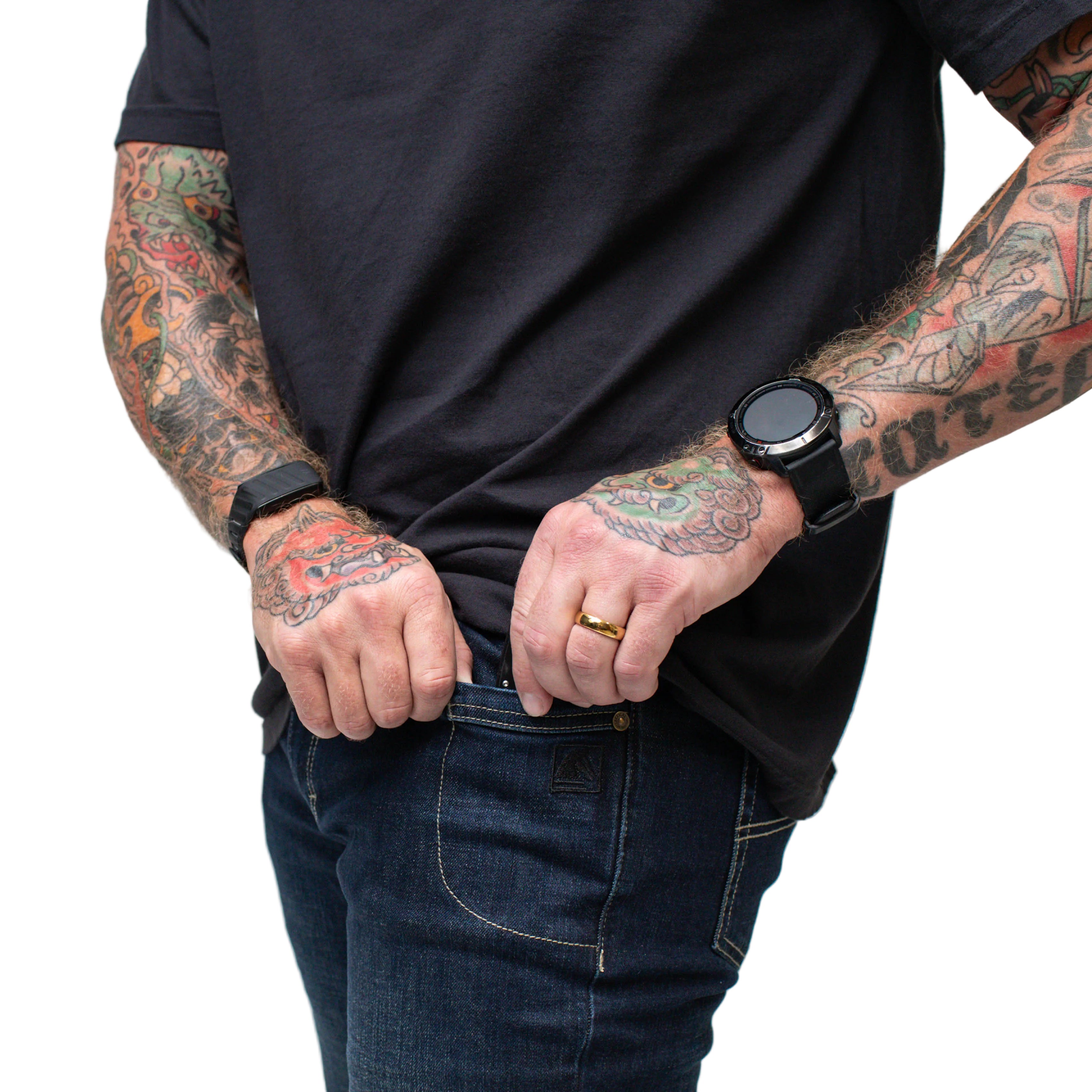 On body view of the TD McQuade Tactical Jeans showing the EDC pocket in use, highlighting the concealed carry friendly design and reinforced tactical pocket layout for knives, tools, and everyday carry gear.