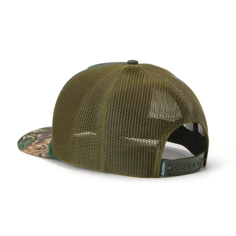 Green mesh cap with camouflage brim on a white background
