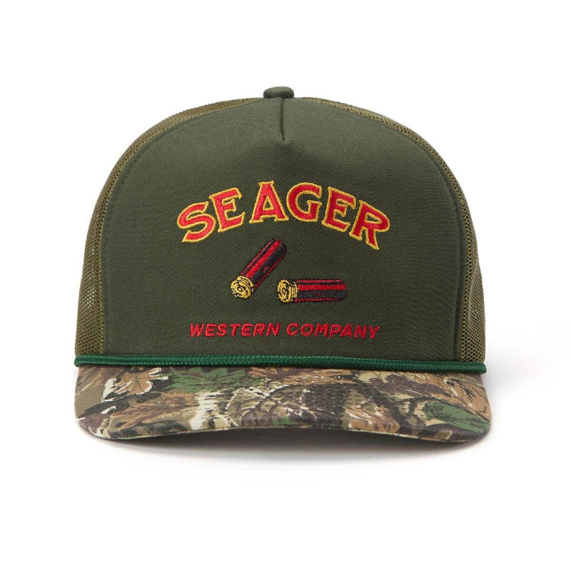 Green and camouflage cap with 'Seager Western Company' branding on a white background