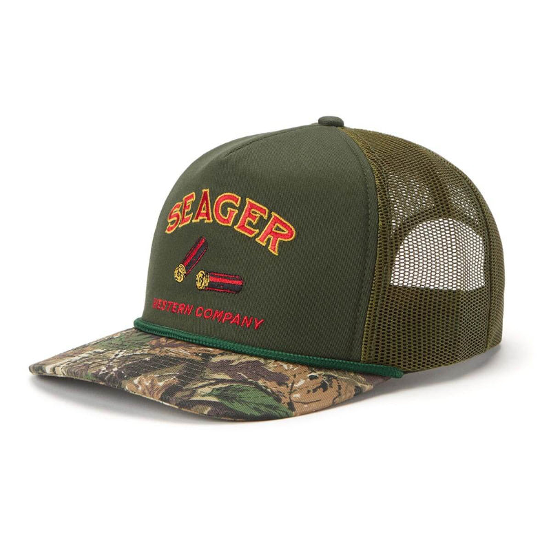 Green and camouflage cap with 'Seager' branding on a white background