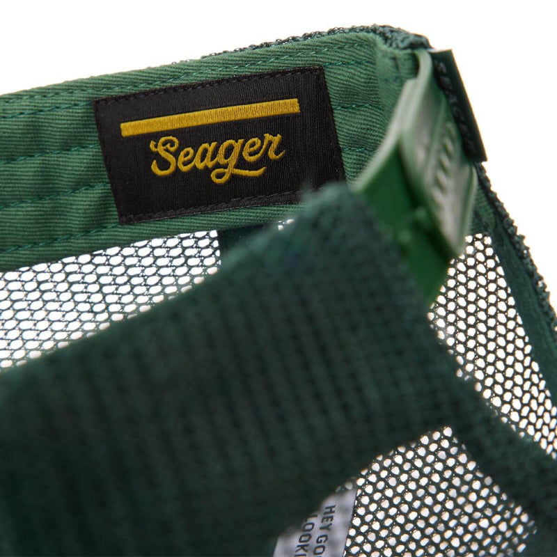 Green mesh cap with Seager logo on a white background