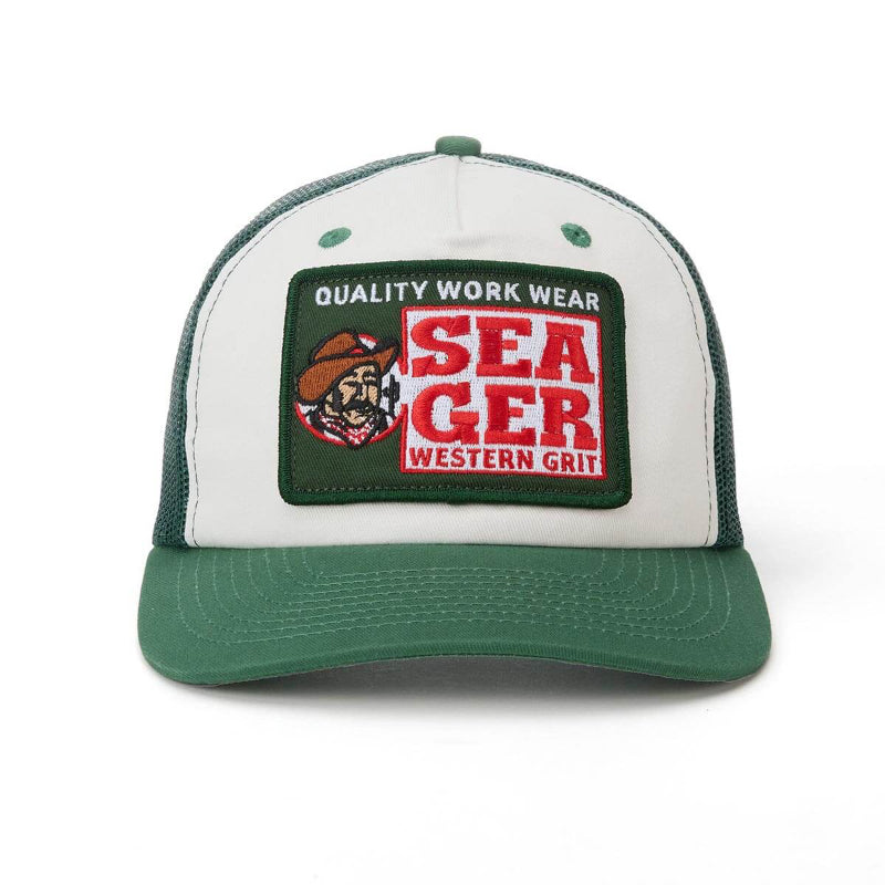 Green and white cap with a Seager patch on a white background