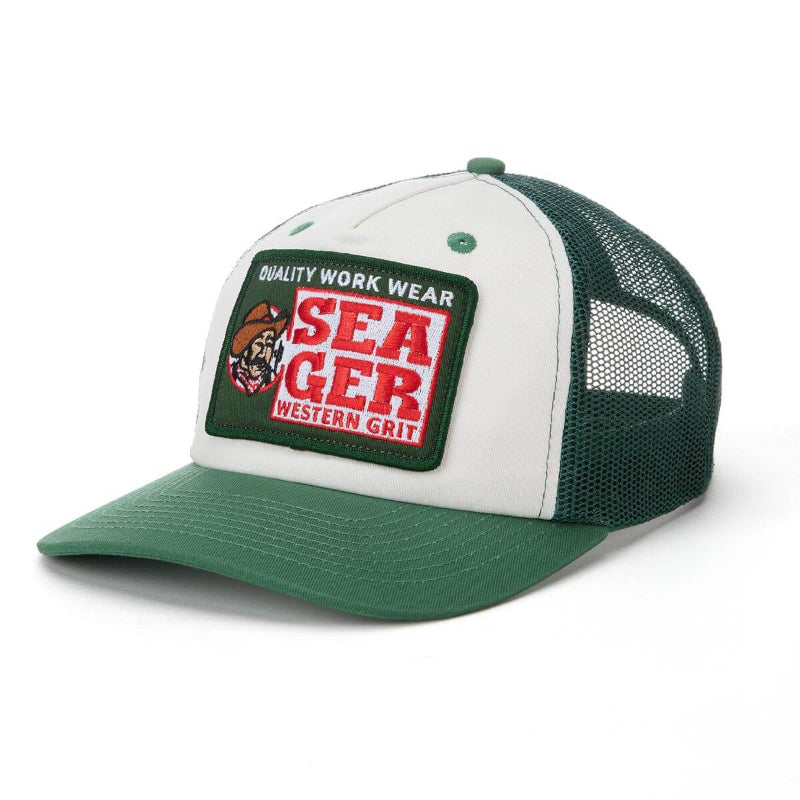 Green and white cap with a patch on a white background