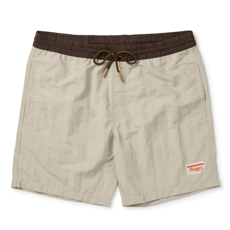 Beige shorts with a brown waistband on a white background