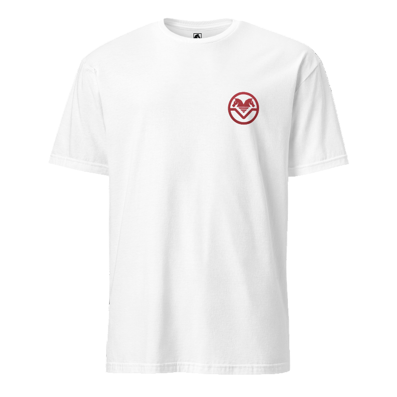 White t-shirt with a red logo on a white background