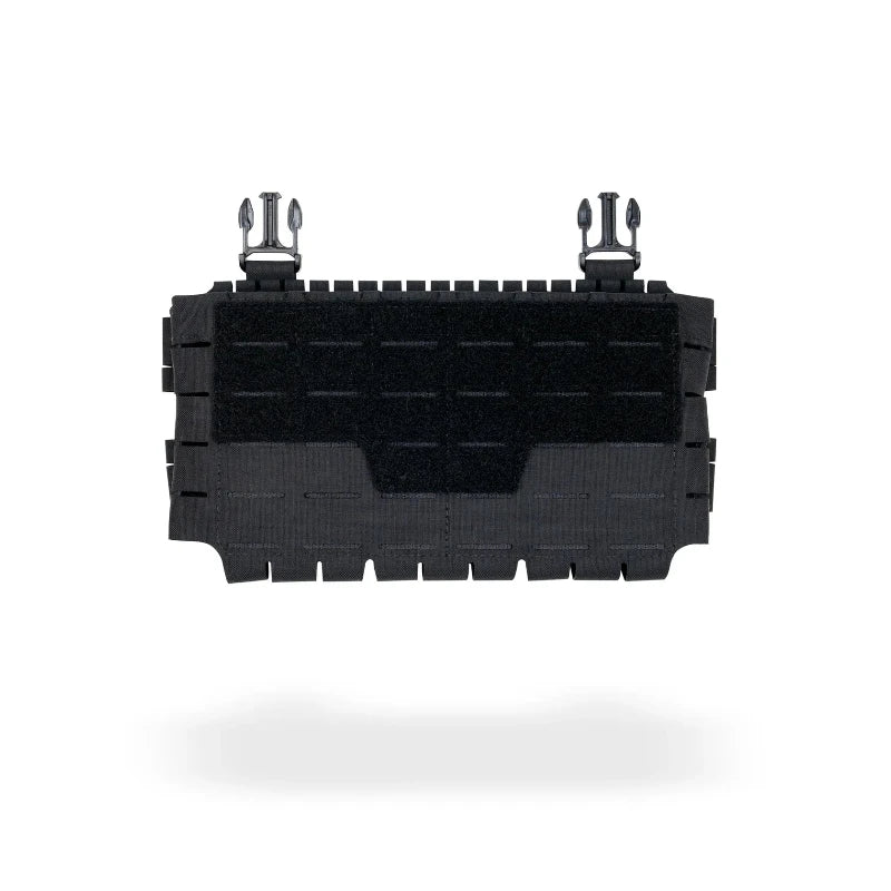 Black tactical panel with MOLLE webbing and buckles on a white background