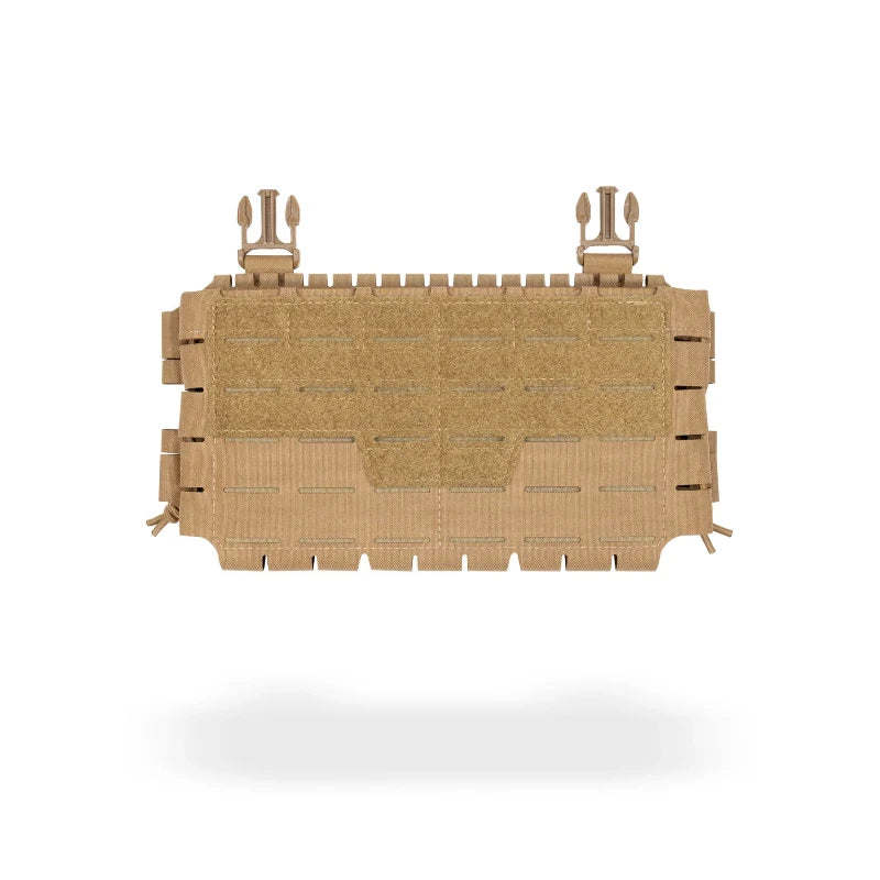 Coyote Brown tactical panel with MOLLE webbing and buckles on a white background