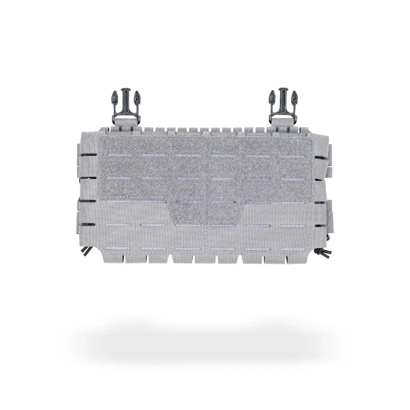 Wolf grey tactical panel with MOLLE webbing and buckles on a white background