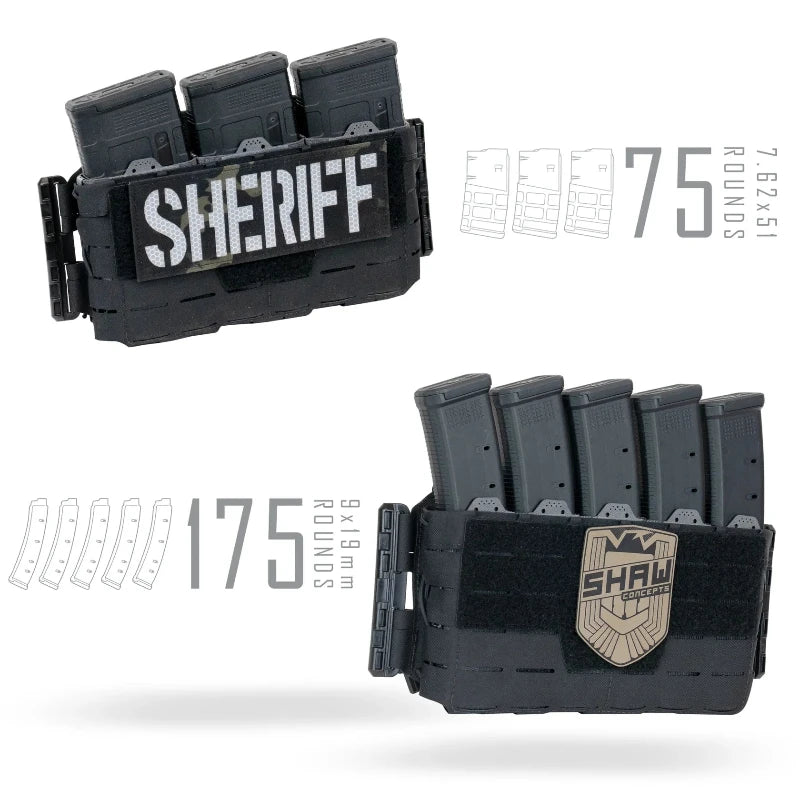 Black magazine holder with 'Sheriff' branding and SHAW logo on a white background