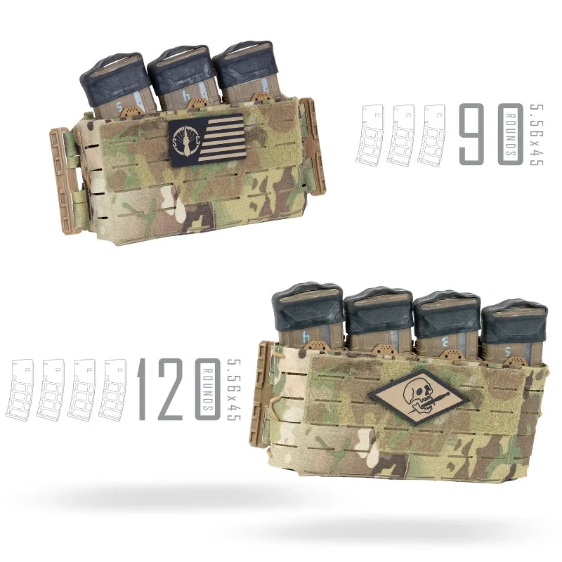 Multicam tactical magazine pouch with ammunition capacity details on a white background