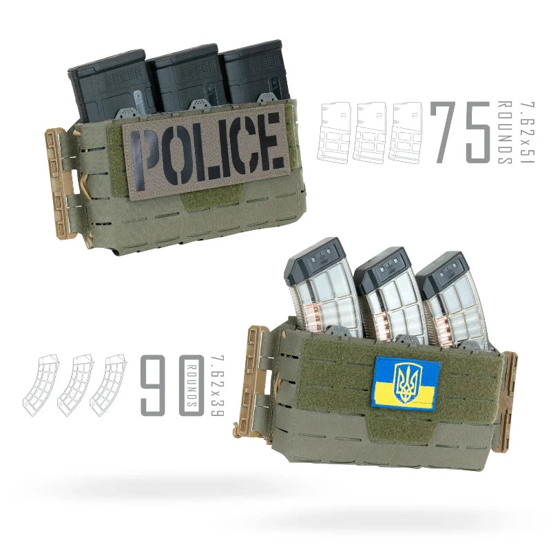 Two ranger green tactical magazine pouches with 'POLICE' and flag patches on a white background.