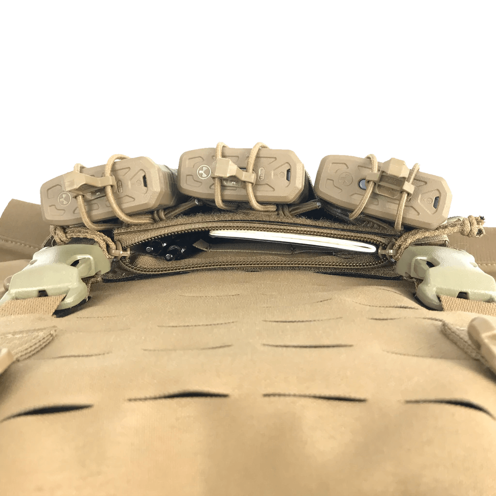 Overhead view of AXL Sandwich Bag installed in SwiftClip placard configuration on tactical plate carrier