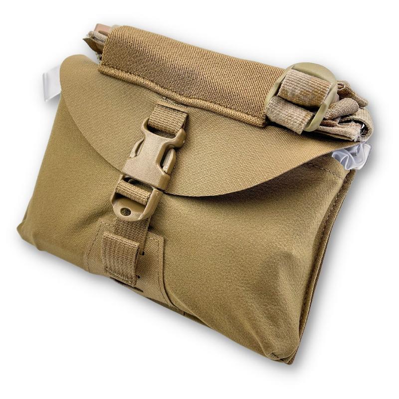 GBRS Group IFAS Individual First Aid System Pouch in Coyote Brown showing compact MOLLE medical pouch with integrated tourniquet sleeve