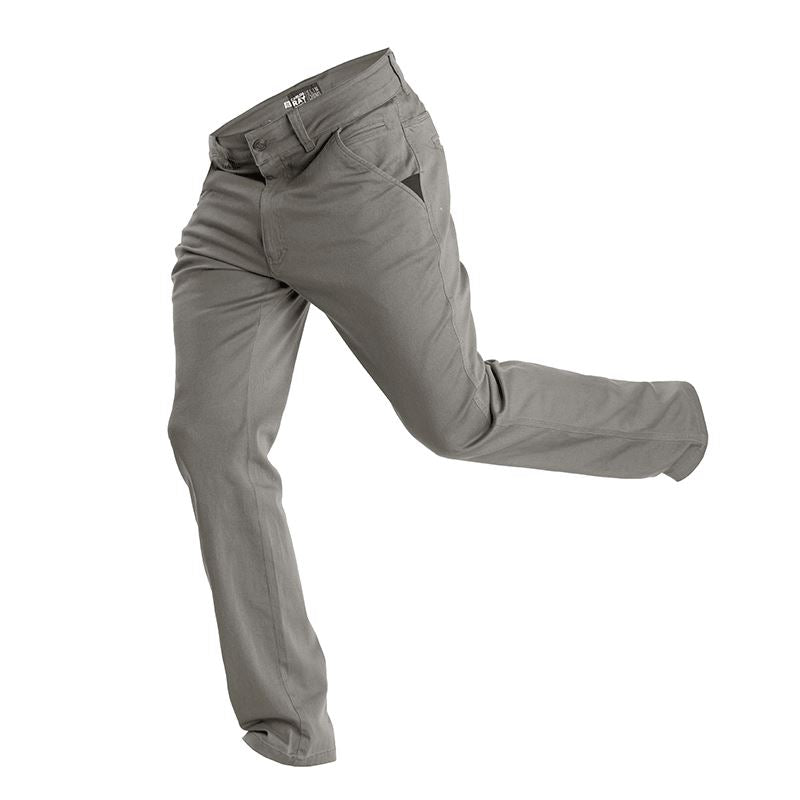 Front view of Carlos Ray Chino Tactical EDC Pants in Dark Urban Grey showing fabric stretch and flexibility, highlighting soft 4-way stretch cotton twill, gusseted crotch for full mobility, and refined low-profile chino design with hidden tactical EDC features for everyday carry