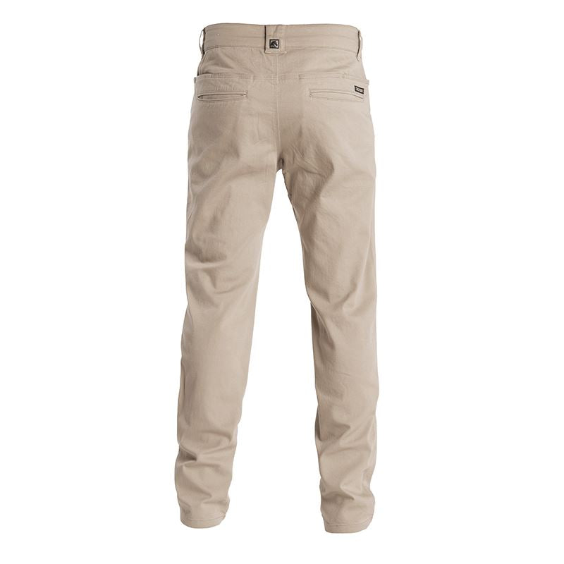 Back view of Carlos Ray Chino Tactical EDC Pants in Flat Dark Earth highlighting mag-ready back yoke pockets, double-welted rear pockets, reinforced belt loops, and triple-needle stitching for tactical strength, all designed in a refined low-profile chino cut for discreet everyday carry