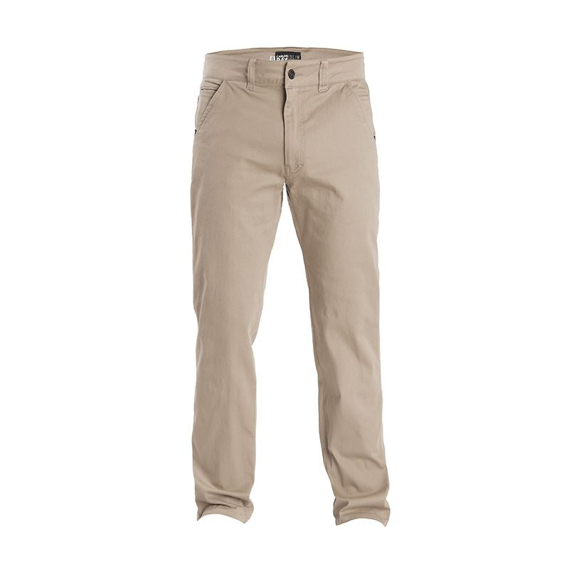 Front view of Carlos Ray Chino Tactical EDC Pants in Flat Dark Earth showing tailored low-profile fit, soft 4-way stretch cotton twill fabric, gusseted crotch for full mobility, and hidden tactical features including handcuff key pocket, reinforced front pocket edges, and mag-ready back yoke pockets for discreet everyday carry
