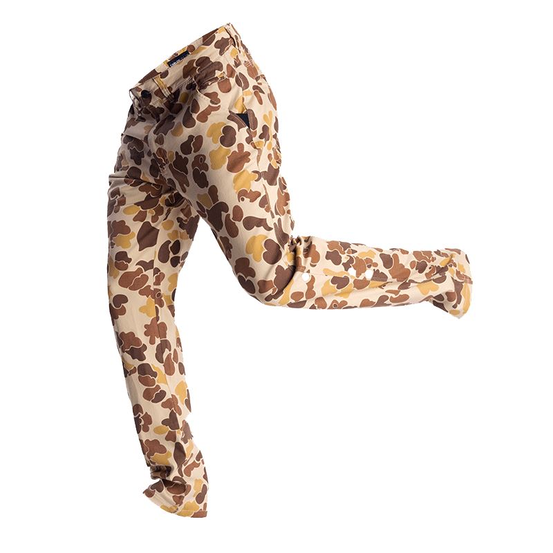 Front view of Carlos Ray Chino Tactical EDC Pants in TD Exclusive Frogskin Beach camo demonstrating fabric stretch and freedom of movement, featuring soft 4-way stretch cotton twill, gusseted crotch for comfort, and low-profile chino styling with hidden tactical EDC features for discreet everyday carry