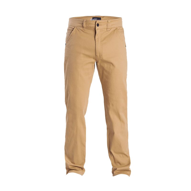 Front view of Carlos Ray Chino Tactical EDC Pants in Sand showing refined low-profile chino silhouette with soft stretch cotton twill, gusseted crotch for freedom of movement, and hidden tactical features like handcuff key pocket, reinforced pocket edges, and mag-ready back yoke pockets for discreet everyday carry