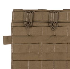 Close up detail of Crye Precision AVS Detachable Flap M4 Flat in Coyote Brown showing durable tactical fabric, adjustable shock cord magazine retention, and streamlined three mag placard construction for Crye AVS and JPC plate carriers