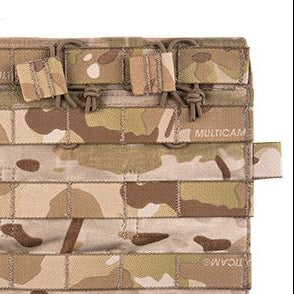 Close up detail of Crye Precision AVS Detachable Flap M4 Flat in Multicam Arid showing durable tactical fabric, shock cord retention system, and streamlined three magazine placard construction for Crye AVS and JPC plate carrier setups