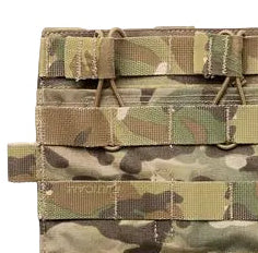 Close up detail of Crye Precision AVS Detachable Flap M4 Flat in Multicam showing durable tactical fabric construction, shock cord magazine retention, and low profile design for three rifle magazines on Crye AVS and JPC plate carriers