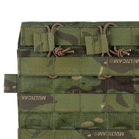 Close up detail of Crye Precision AVS Detachable Flap M4 Flat in Multicam Tropic showing durable tactical fabric construction, shock cord magazine retention system, and streamlined three magazine placard design for Crye AVS and JPC plate carriers