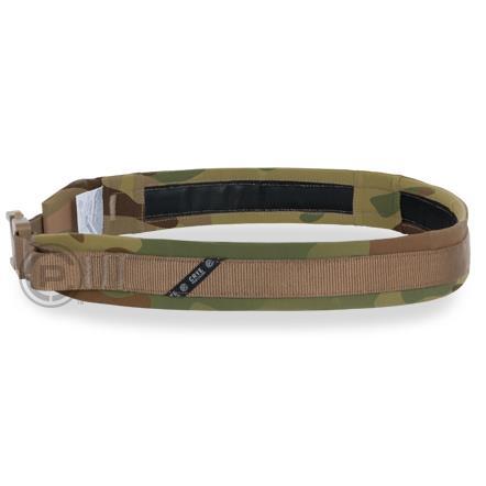 Angled view of the Crye Precision RANGE BELT in Multicam highlighting the quick-release buckle, pre-curved profile, and low-profile tactical construction.