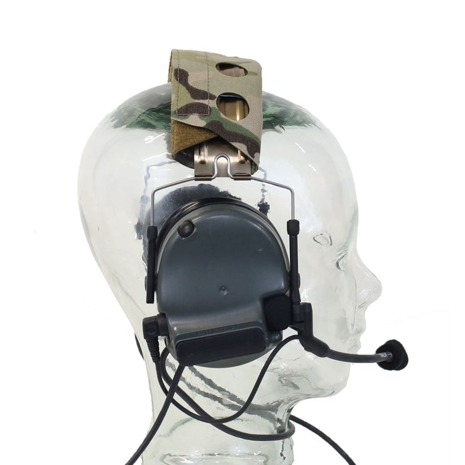 Side view of Ferro Concepts Comms Pad installed on tactical headset demonstrating slim profile, breathable construction, and improved comfort