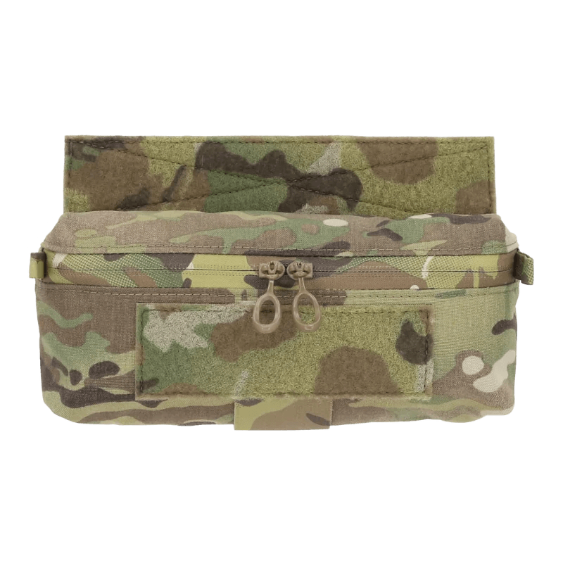 Ferro Concepts Mini Dangler in Multicam mounted beneath plate carrier showing compact tactical drop pouch for medical gear, tools, and admin storage