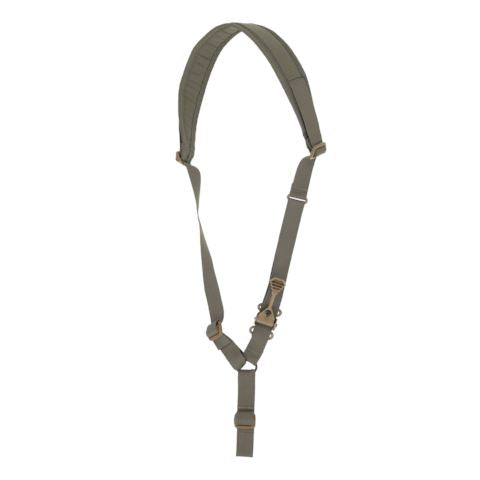 Ferro Concepts Single Point Slingster in Ranger Green featuring a padded single point tactical sling specifically designed for sub-guns, PDWs, SMGs, and PCC platforms. Includes a slim low-profile shoulder pad for comfortable wear, a welded steel ring for smooth dominant to non-dominant transitions, a rubberized quick-adjust pull tab, and a robust metal quick release buckle. Ideal for CQB, SWAT, and vehicle-borne operations