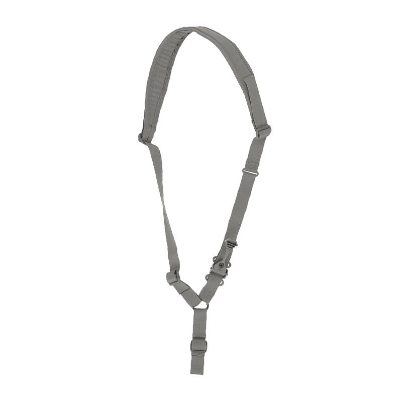 Ferro Concepts Single Point Slingster in Wolf Grey showcasing a purpose-built padded single point tactical sling designed for sub-guns, PDWs, SMGs, and PCCs. Features a narrow low-profile shoulder pad for comfortable wear, a welded steel ring for fast shoulder transitions, a rubberized quick-adjust pull tab, and a sturdy metal quick release buckle. Perfect for close quarters combat, urban law enforcement, and home defense setups
