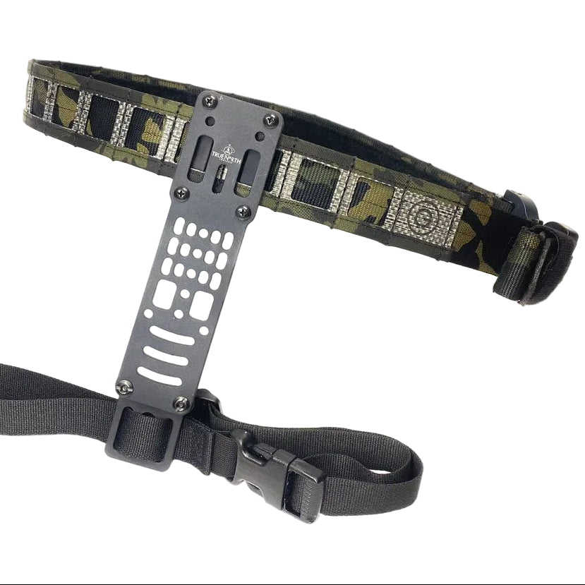 GBRS Group Assaulter Belt System V2 in Multicam Black shown with holster platform and drop leg system attached, laser cut thermopolymer PALS gun belt configured for full operator loadout with duty holster and tactical accessories