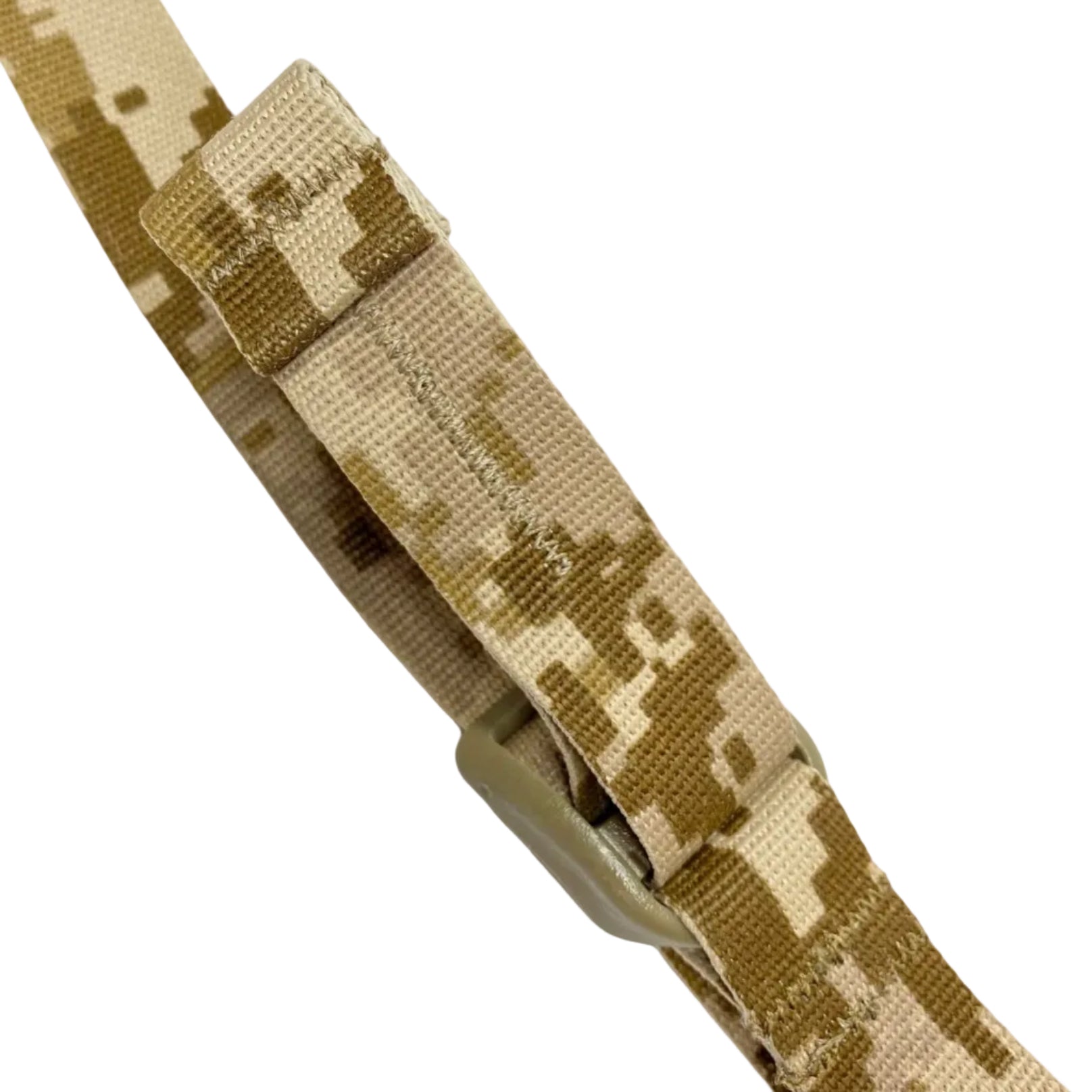 Close up detail of GBRS Group SBS Sling in Desert Digi camouflage pattern showing material texture, reinforced stitching, and minimalist lightweight webbing construction on adjustable tactical rifle sling made in the USA