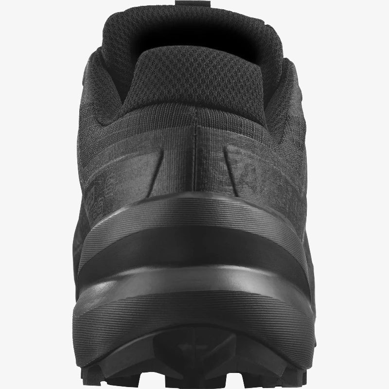 Back heel view of Salomon Speedcross 6 FORCES in Black showing reinforced heel support and lightweight tactical construction. Built for stability, traction, and speed during military training, law enforcement movement, and field operations.