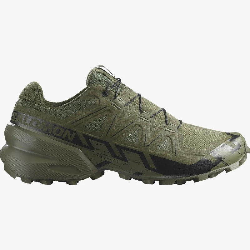 Side view of Salomon Speedcross 6 FORCES in Ranger Green showing durable synthetic upper and aggressive Contagrip® tread. Lightweight tactical trail shoe built for military, law enforcement, and mobility-focused training on mixed terrain.