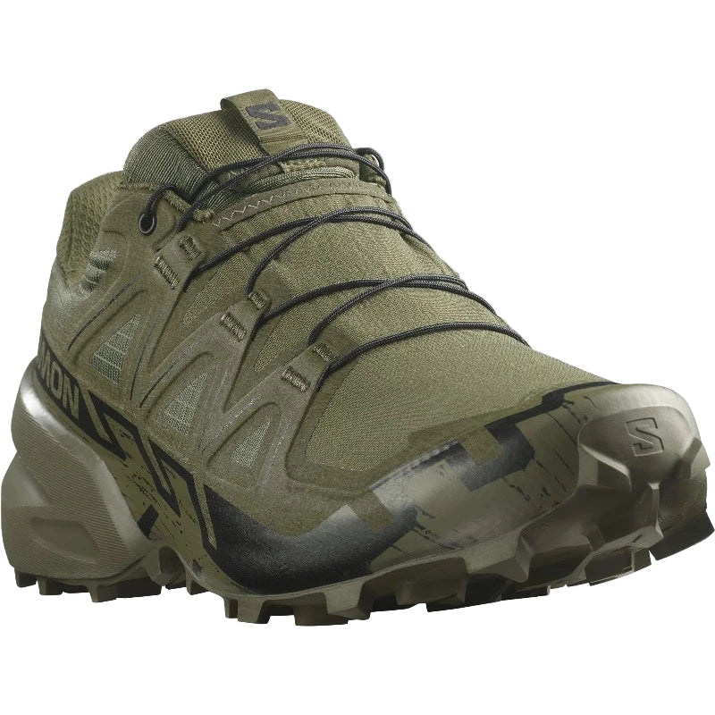 Salomon Speedcross 6 FORCES in Ranger Green, lightweight tactical footwear built for speed, grip, and agility on mixed terrain. Features Quicklace® system, mud-shedding Contagrip® outsole, and reinforced upper for military and law enforcement training.