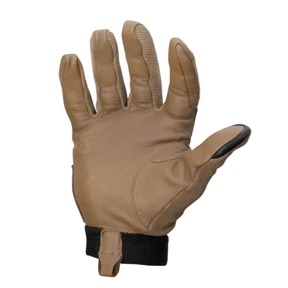 Magpul Patrol Glove 2.0 Coyote tactical glove palm side displaying premium leather palm, thumb reinforcement, and enhanced articulation