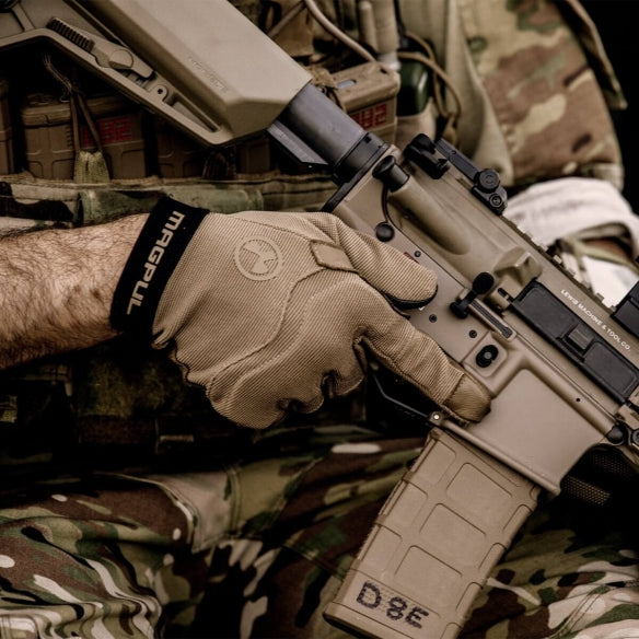 Magpul Patrol Glove 2.0 tactical shooting gloves worn during combat training scenario showing leather palm grip and dexterity during weapon handling