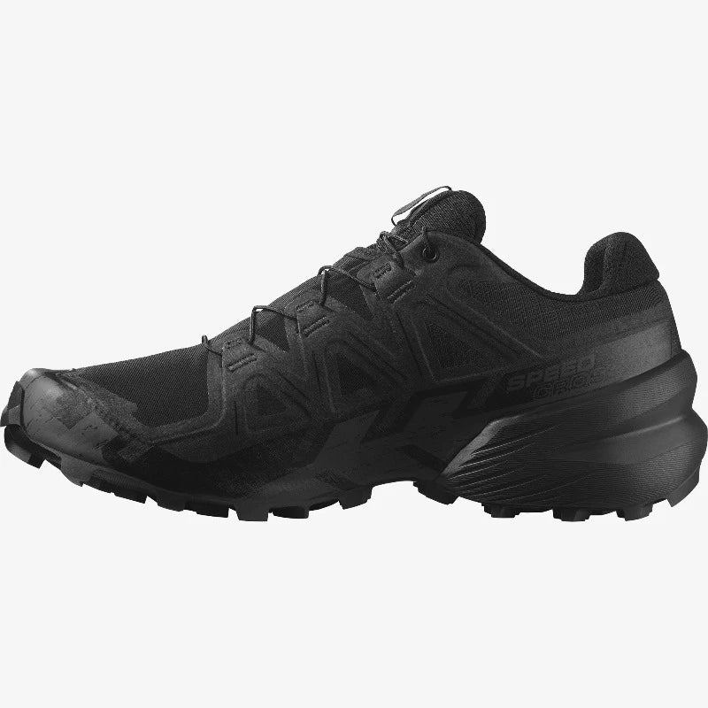 Inside sole view of Salomon Speedcross 6 FORCES in Black showing cushioned insole and breathable liner. Lightweight tactical trail shoe engineered for comfort, shock absorption, and support during military, law enforcement, and range training.