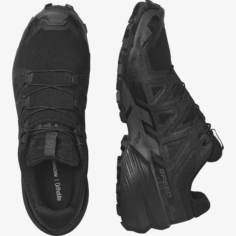 Salomon Speedcross 6 FORCES tactical shoes in Black shown from top and side angles. Lightweight, low-profile tactical footwear built for law enforcement, military, and training. Features Quicklace® system and aggressive Contagrip® traction outsole.