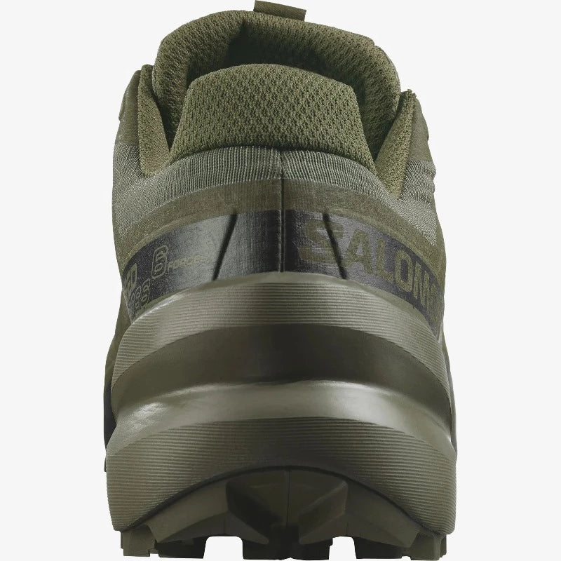 Back heel view of Salomon Speedcross 6 FORCES in Ranger Green showing reinforced heel and tactical chassis design. Lightweight, high-grip footwear engineered for military, law enforcement, and range training across rugged or wet terrain.
