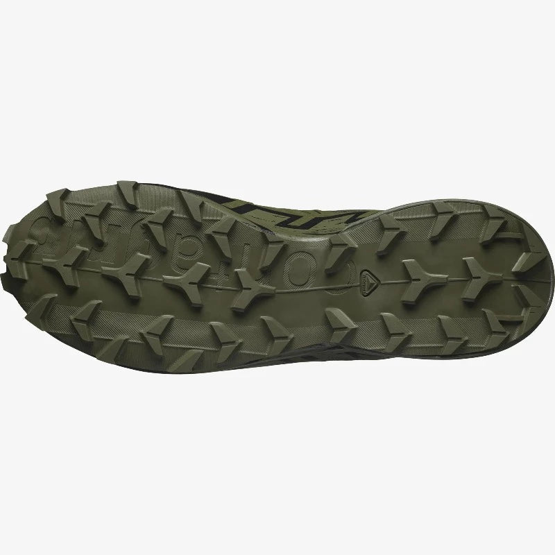Bottom sole view of Salomon Speedcross 6 FORCES in Ranger Green showing aggressive Contagrip® tread for max traction on mud, sand, and rock. Lightweight tactical trail shoe engineered for speed, grip, and durability in military and training use.